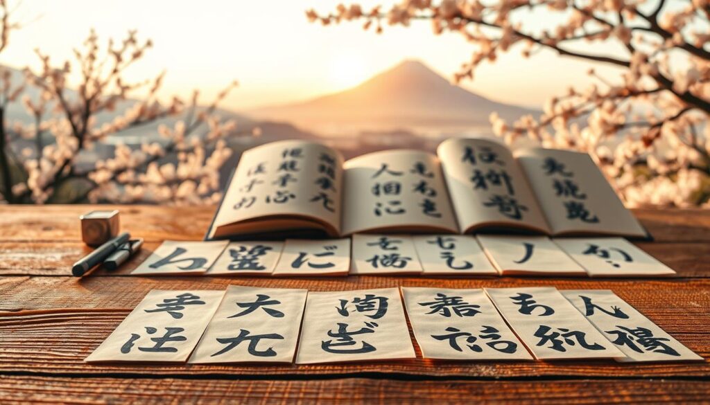 A beautifully arranged display of the Japanese writing system, focusing on Hiragana characters. In the foreground, elegantly hand-painted Hiragana symbols are laid out on a textured wooden surface, showcasing a variety of strokes and curves. In the middle ground, open traditional Japanese calligraphy books feature sample Hiragana phrases, highlighting the fluidity and artistry of the writing. The background softly blends in with a serene Japanese landscape, including cherry blossom trees and a distant silhouette of Mount Fuji under a gentle sunset. The lighting is warm and inviting, casting soft shadows that enhance the serene atmosphere. The overall mood is peaceful and educational, perfect for an introduction to the beauty of Japanese script.