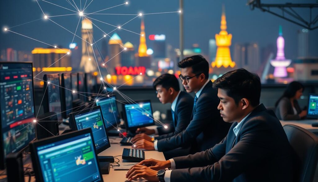 A bustling online gambling operation, showcasing the modus operandi of online gaming sites. In the foreground, a group of professionals dressed in business attire is engaged around modern computers and digital interfaces with gambling applications open. The middle layer features an elaborate web of digital connections represented by glowing lines symbolizing data flow between players and the online platform. In the background, a blurred cityscape of Southeast Asia, hinting at Cambodia, Sri Lanka, and Thailand, under a night sky illuminated by neon lights, adding a sense of urgency and activity. Soft, focused lighting highlights the individuals while creating a slightly mysterious atmosphere, suggesting the intriguing world of online gambling. The angle is slightly tilted, providing a dynamic perspective on the action as if capturing a moment of excitement. A bustling online gambling operation, showcasing the modus operandi of online gaming sites. In the foreground, a group of professionals dressed in business attire is engaged around modern computers and digital interfaces with gambling applications open. The middle layer features an elaborate web of digital connections represented by glowing lines symbolizing data flow between players and the online platform. In the background, a blurred cityscape of Southeast Asia, hinting at Cambodia, Sri Lanka, and Thailand, under a night sky illuminated by neon lights, adding a sense of urgency and activity. Soft, focused lighting highlights the individuals while creating a slightly mysterious atmosphere, suggesting the intriguing world of online gambling. The angle is slightly tilted, providing a dynamic perspective on the action as if capturing a moment of excitement.
