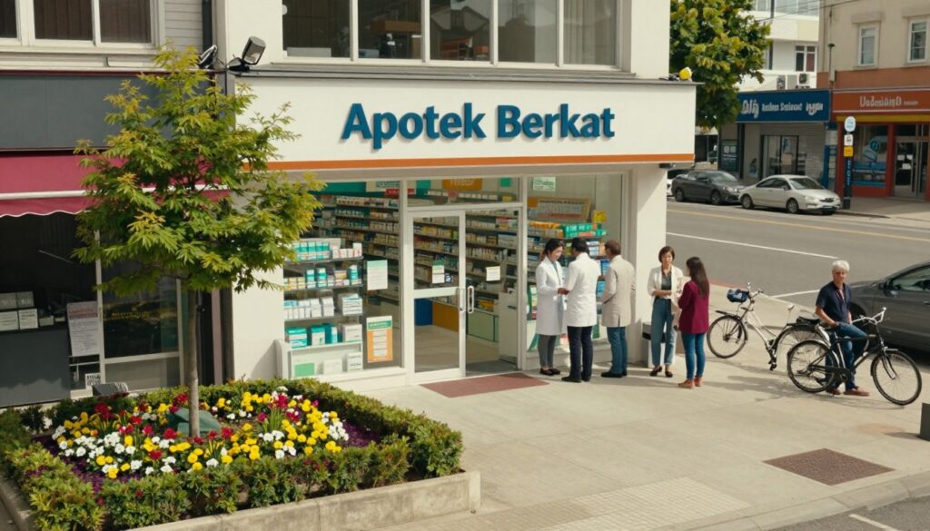 A detailed map location of a pharmacy, featuring a storefront labeled "Apotek Berkat," with clear signage and accessible entrance. In the foreground, display a well-maintained flower bed and small trees, creating a welcoming atmosphere. The middle ground should include the pharmacy entrance with glass doors, surrounded by people in professional attire (e.g., a pharmacist assisting a customer, individuals waiting), and bicycles parked outside. The background should depict a clean city street and nearby shops for context. Use bright daylight to enhance visibility and create a cheerful mood. The image should be captured from a slightly elevated angle to provide a comprehensive view of the location and its surroundings. No text or logos should appear in the image.