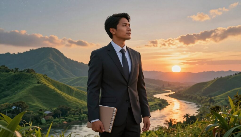 A dynamic and inspiring illustration of Bima Sakti, a fictional character, showcasing his captivating journey through lush Indonesian landscapes. In the foreground, depict Bima in professional business attire, confidently standing with a notebook in hand, gazing at a stunning sunset. His expression reflects determination and ambition. In the middle ground, include lush green hills and a river reflecting the warm hues of the sky, symbolizing growth and opportunity. The background features distant mountains and a sky sprinkled with stars, hinting at Bima's aspirations. Use soft lighting to create an uplifting atmosphere and a moderate angle to emphasize Bima's presence against the vast natural beauty. The overall mood should be inspiring, encapsulating his impressive career path and connection to nature.