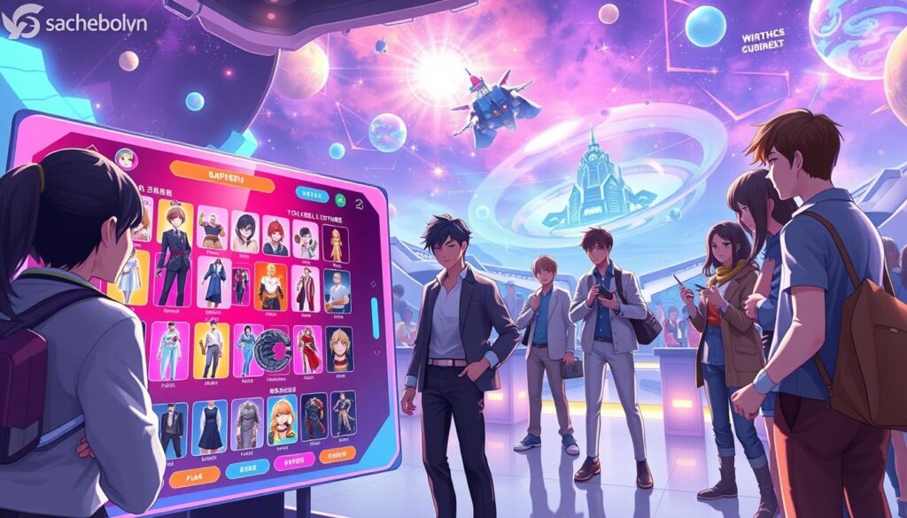 A dynamic digital illustration showcasing the "game customization feature" within the context of Gacha Nebula. In the foreground, a vibrant, sleek gaming interface is displayed, featuring customizable characters and items in a user-friendly layout. The middle ground showcases a diverse group of players engaged with the customization options, dressed in smart casual clothing, exuding excitement and creativity. The background features a fantastical game world inspired by celestial themes, filled with nebulae and starry vistas, adding depth and immersive atmosphere. Soft, glowing lights illuminate the scene, creating an inviting mood with a high-tech feel. The angle focuses slightly from above, enhancing the sense of interaction and engagement, while maintaining clarity on the intricate details of the customization interface.