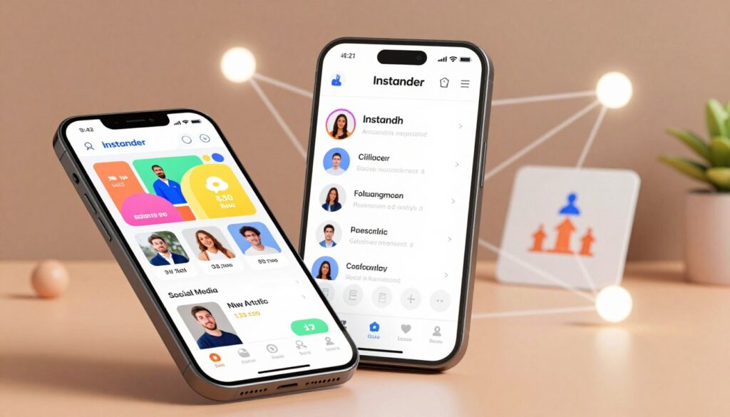 A modern digital workspace showcasing an illustration of the Instander app on a sleek smartphone. In the foreground, the smartphone displays vibrant graphics of social media engagement, including profiles and follower counts, emphasizing its functionality. In the middle, a close-up of the app interface highlights social media features such as analytics and follower management tools, rendered clearly and attractively. The background features an abstract representation of digital connections, with soft, glowing lines connecting nodes, suggesting a network of followers. Warm, inviting lighting fills the scene, creating a professional yet approachable atmosphere. The overall tone conveys innovation and connectivity, ideal for illustrating the concept of a sophisticated social media tool.