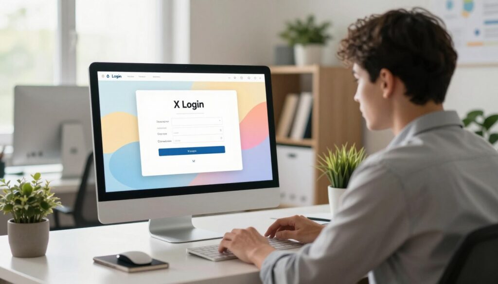 A modern digital workspace with a sleek computer and a clear login screen displaying a user interface for "X Login". In the foreground, showcase a focused individual in professional business attire, sitting at a minimalist desk, intently navigating their login process. The middle layer features a glowing monitor, reflecting bright colors that hint at a modern and user-friendly design of the login interface. In the background, add soft-focus elements of an organized office, such as bookshelves and potted plants, with natural daylight streaming through a window, creating an inviting and productive atmosphere. The overall mood should convey ease and accessibility, emphasizing a straightforward approach to digital logins. Use soft, natural lighting to enhance warmth throughout the scene.