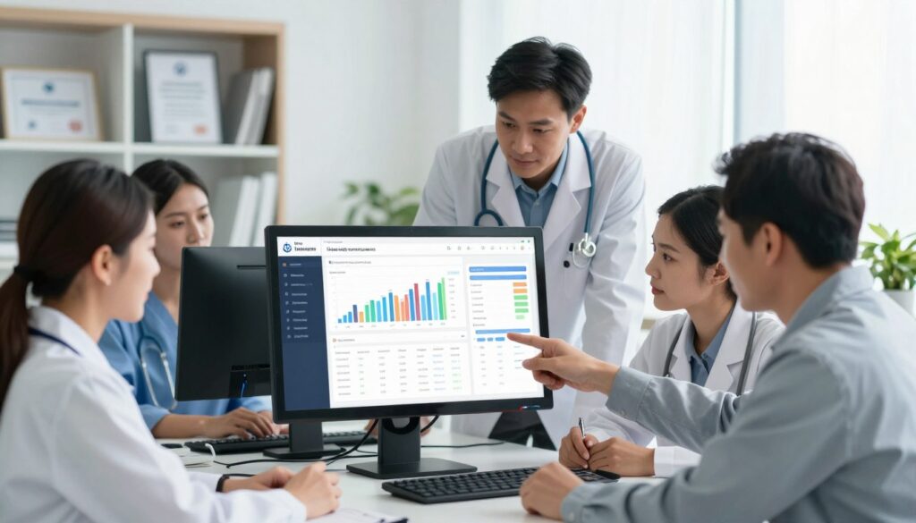 A modern hospital management platform interface displayed on a sleek computer screen in a well-lit, professional office. In the foreground, a diverse group of healthcare professionals, dressed in business attire, are engaged in a discussion, pointing at the screen with expressions of focus and collaboration. In the middle ground, the computer’s screen showcases vibrant graphs, patient data, and appointment schedules, symbolizing integrated health management. The background features a soft-focus view of a bright, contemporary office with shelves containing medical books and certifications, emphasizing a professional atmosphere. The lighting is bright and inviting, creating a sense of innovation and teamwork. The composition should be balanced, with a slight tilt, capturing the energy of teamwork in the healthcare industry. A modern hospital management platform interface displayed on a sleek computer screen in a well-lit, professional office. In the foreground, a diverse group of healthcare professionals, dressed in business attire, are engaged in a discussion, pointing at the screen with expressions of focus and collaboration. In the middle ground, the computer’s screen showcases vibrant graphs, patient data, and appointment schedules, symbolizing integrated health management. The background features a soft-focus view of a bright, contemporary office with shelves containing medical books and certifications, emphasizing a professional atmosphere. The lighting is bright and inviting, creating a sense of innovation and teamwork. The composition should be balanced, with a slight tilt, capturing the energy of teamwork in the healthcare industry.