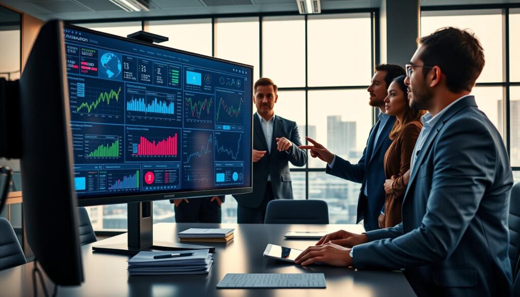 A modern office setting showcasing a digital monitoring system for treasury management. In the foreground, a sleek computer monitor displays complex data visualizations, graphs, and financial metrics in vibrant colors. A diverse group of professionals in sharp business attire, including a woman in a tailored suit and a man in a blazer, are collaborating, pointing at the screen with expressions of focus and determination. In the middle ground, a large, contemporary conference table with document stacks and tablets. The background reveals large windows letting in natural light, illuminating a city skyline. The atmosphere conveys a sense of innovation and teamwork, highlighted by soft overhead lighting creating a professional ambiance.