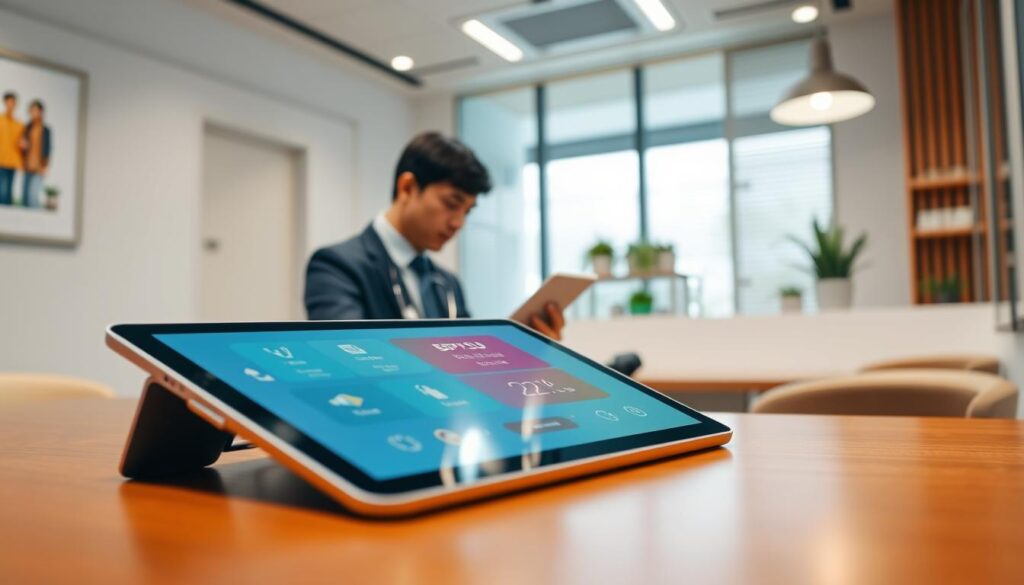 A modern, user-friendly interface of the Edabu BPJS Kesehatan application displayed on a sleek, tablet device. In the foreground, the tablet rests on a sophisticated wooden desk, with a subtle reflection of the app's vibrant colors on the surface. The mid-ground showcases a healthcare professional, dressed in smart business attire, intently interacting with the application, emphasizing accessibility and user engagement. In the background, a softly lit, modern healthcare office setting is visible, featuring minimalistic decor and calming colors to evoke a sense of trust and professionalism. The overall atmosphere is warm and inviting, with gentle, natural lighting highlighting the importance of healthcare solutions, creating a reassuring mood that suggests innovation and care for well-being. A modern, user-friendly interface of the Edabu BPJS Kesehatan application displayed on a sleek, tablet device. In the foreground, the tablet rests on a sophisticated wooden desk, with a subtle reflection of the app's vibrant colors on the surface. The mid-ground showcases a healthcare professional, dressed in smart business attire, intently interacting with the application, emphasizing accessibility and user engagement. In the background, a softly lit, modern healthcare office setting is visible, featuring minimalistic decor and calming colors to evoke a sense of trust and professionalism. The overall atmosphere is warm and inviting, with gentle, natural lighting highlighting the importance of healthcare solutions, creating a reassuring mood that suggests innovation and care for well-being.