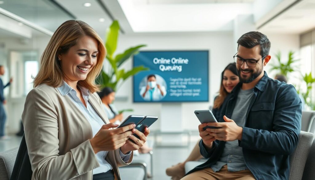 A modern waiting area in a hospital, featuring a diverse group of patients engaged with their smartphones, illustrating the concept of online queuing. In the foreground, a middle-aged woman in professional attire is smiling as she checks her appointment status. Beside her, a young man casually dressed is scrolling through the hospital's app, looking content and relaxed. In the middle ground, there is a sleek digital screen displaying information about online queuing services. The background features a well-lit, clean environment with plants and soft seating, creating an inviting atmosphere. The lighting is bright and natural, suggesting a comfortable and efficient healthcare experience. The image conveys a sense of convenience and modernity, highlighting the benefits of online appointment scheduling in a hospital setting. A modern waiting area in a hospital, featuring a diverse group of patients engaged with their smartphones, illustrating the concept of online queuing. In the foreground, a middle-aged woman in professional attire is smiling as she checks her appointment status. Beside her, a young man casually dressed is scrolling through the hospital's app, looking content and relaxed. In the middle ground, there is a sleek digital screen displaying information about online queuing services. The background features a well-lit, clean environment with plants and soft seating, creating an inviting atmosphere. The lighting is bright and natural, suggesting a comfortable and efficient healthcare experience. The image conveys a sense of convenience and modernity, highlighting the benefits of online appointment scheduling in a hospital setting.