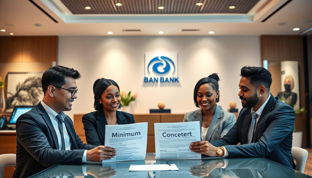A professional setting with a modern bank interior featuring a sleek glass counter and digital banking screens. In the foreground, a diverse group of three individuals in professional business attire are seated at a table, discussing a document labeled "Minimum Balance Concept." Their expressions are focused and engaged, embodying a collaborative atmosphere. In the middle ground, the bank's logo is subtly displayed on a wall with soft, diffused lighting, creating a warm and inviting environment. The background showcases elegant decorative elements like potted plants and modern art, enhancing the sense of professionalism. The overall mood is informative and forward-thinking, inviting readers to understand the significance of minimum balances in banking. A professional setting with a modern bank interior featuring a sleek glass counter and digital banking screens. In the foreground, a diverse group of three individuals in professional business attire are seated at a table, discussing a document labeled "Minimum Balance Concept." Their expressions are focused and engaged, embodying a collaborative atmosphere. In the middle ground, the bank's logo is subtly displayed on a wall with soft, diffused lighting, creating a warm and inviting environment. The background showcases elegant decorative elements like potted plants and modern art, enhancing the sense of professionalism. The overall mood is informative and forward-thinking, inviting readers to understand the significance of minimum balances in banking.