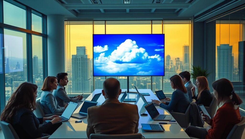 A sleek, modern office workspace showcasing a large digital screen displaying a vibrant cloud presentation created with Emaze. In the foreground, a diverse group of professionals, dressed in business attire, attentively engage with the presentation, using laptops and tablets. The middle ground features a stylish conference table adorned with digital devices, and a large window providing a view of a bustling cityscape. The background exudes an atmosphere of collaboration and innovation, illuminated by warm, natural light filtering through the glass. The color palette should be bright and inviting, blending blues and greens to symbolize creativity and technology. Capture this scene from a slightly elevated angle to emphasize the interaction between the presenters and their audience, highlighting the importance of dynamic presentations in modern business environments.