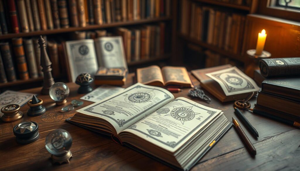 A thoughtfully arranged flat lay of the "Buku Firasat" on a wooden table, opened to a page filled with detailed charts and mystical symbols. Scattered around the book are various items such as crystal balls, astrological charts, and pens, creating a scholarly ambiance. In the background, a softly lit bookshelf filled with other esoteric books provides depth, while a warm, golden light bathes the scene, enhancing the inviting and mysterious atmosphere. A soft focus lens effect draws attention to the book, creating a sense of intrigue and exploration. This tranquil setting conveys a deep and profound engagement with the subject, inviting viewers to delve into the mysteries contained within. A thoughtfully arranged flat lay of the "Buku Firasat" on a wooden table, opened to a page filled with detailed charts and mystical symbols. Scattered around the book are various items such as crystal balls, astrological charts, and pens, creating a scholarly ambiance. In the background, a softly lit bookshelf filled with other esoteric books provides depth, while a warm, golden light bathes the scene, enhancing the inviting and mysterious atmosphere. A soft focus lens effect draws attention to the book, creating a sense of intrigue and exploration. This tranquil setting conveys a deep and profound engagement with the subject, inviting viewers to delve into the mysteries contained within.