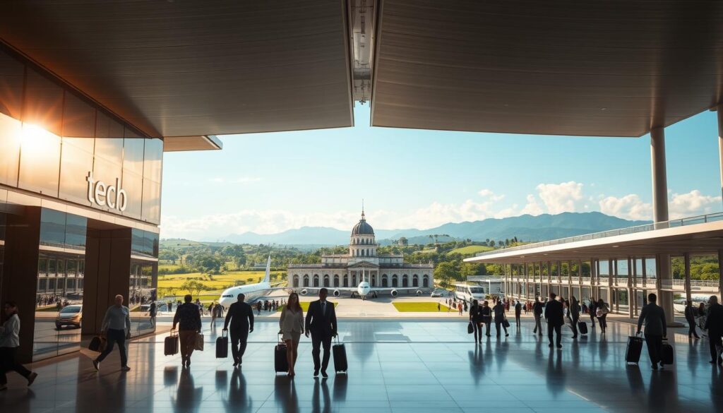 A transformation of Cambodia's airports, showcasing the evolution from Pochentong to Techo International Airport. In the foreground, display modern architectural features of Techo, with sleek lines and large glass facades reflecting the sun's rays. A busy scene with travelers in professional business attire strolling through with luggage. In the middle ground, incorporate elements of Pochentong, like its historic terminal, blending the old and new styles, demonstrating the growth in design and functionality. The background should feature lush green landscapes typical of Cambodia, with distant silhouettes of mountains under a clear blue sky. Use bright, vibrant lighting to create an inviting atmosphere, capturing the essence of progress and innovation in aviation. Aim for a wide-angle perspective to encompass all elements seamlessly. A transformation of Cambodia's airports, showcasing the evolution from Pochentong to Techo International Airport. In the foreground, display modern architectural features of Techo, with sleek lines and large glass facades reflecting the sun's rays. A busy scene with travelers in professional business attire strolling through with luggage. In the middle ground, incorporate elements of Pochentong, like its historic terminal, blending the old and new styles, demonstrating the growth in design and functionality. The background should feature lush green landscapes typical of Cambodia, with distant silhouettes of mountains under a clear blue sky. Use bright, vibrant lighting to create an inviting atmosphere, capturing the essence of progress and innovation in aviation. Aim for a wide-angle perspective to encompass all elements seamlessly.