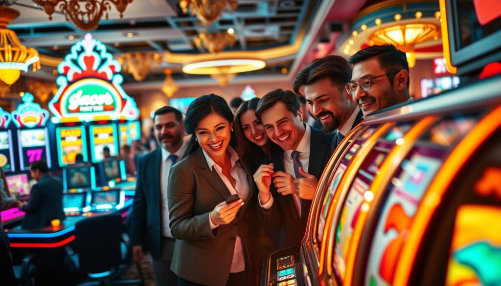 A vibrant and dynamic scene depicting a "gacor" slot machine at the forefront, with bright lights and colorful symbols like fruits, diamonds, and lucky sevens illuminated. The slot machine is surrounded by a group of diverse individuals in professional business attire, eagerly watching the spinning reels with expressions of excitement and anticipation. In the middle ground, a lively casino ambiance with glowing neon signs and ornate decorations creates an inviting atmosphere. In the background, a soft-focus of other gaming tables and players engaging in various games, creating a sense of community and thrill. The lighting is warm and welcoming, casting a soft glow over the scene, emphasizing the celebratory mood of potential winnings. A slight tilt angle adds a dynamic feel to the image, inviting the viewer into the excitement of online slot gaming.