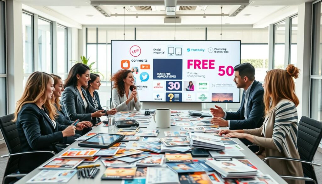 A vibrant and engaging scene depicting the concept of "free advertising" for businesses. In the foreground, a diverse group of professionals in smart business attire, enthusiastically discussing their strategies around a modern conference table cluttered with colorful flyers and digital devices displaying social media ads. In the middle ground, a large digital screen illustrates various forms of free advertising methods, including social media, community boards, and word-of-mouth. The background features a bright, spacious office environment with large windows letting in natural light, enhancing a positive and dynamic atmosphere. Overall, the image conveys a sense of collaboration, innovation, and excitement around maximizing sales through cost-effective advertising solutions.