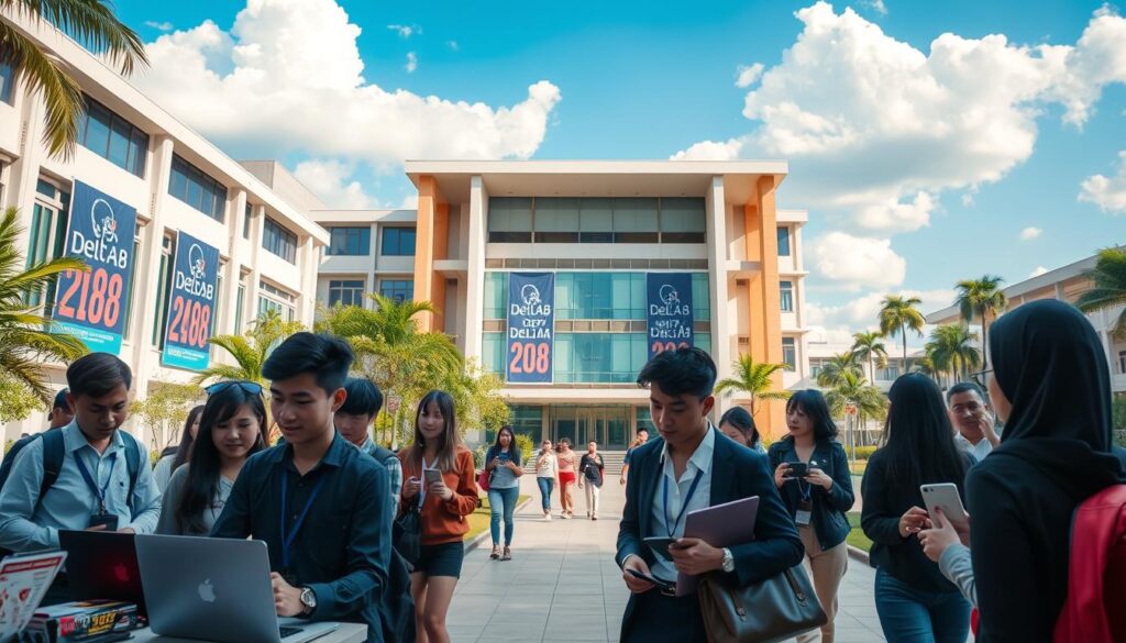 A vibrant and inviting university campus scene showcasing the essence of "Delta88" gaming education in Indonesia. In the foreground, a diverse group of students in professional attire, engaged in collaborative discussions, surrounded by laptops and gaming-related materials. In the middle ground, a modern university building with large windows displaying banners related to Delta88, inviting ambiance with greenery around, and students walking with enthusiasm. The background features a clear blue sky with fluffy clouds, enhancing the optimistic atmosphere. Soft, natural lighting highlights the students' faces, creating a warm ambiance and a sense of community. The overall mood is inspiring and forward-looking, emphasizing innovation and education in a relaxed yet dynamic environment.