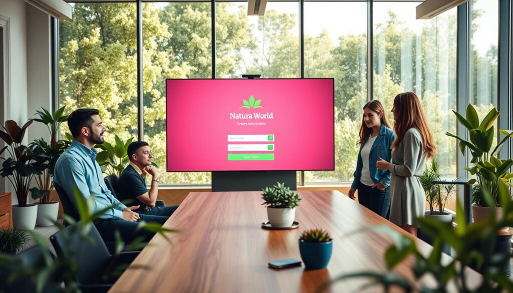 A vibrant and modern office space showcasing the essence of "Natura World". In the foreground, a diverse group of three professionals—one man and two women—are engaged in a discussion around a sleek, wooden conference table. They are dressed in smart casual business attire, exuding a sense of collaboration and enthusiasm. The middle layer features a large digital screen displaying the Natura World logo and a user-friendly interface for account login and registration, emphasizing digital accessibility. In the background, large windows bathe the room in warm, natural light, revealing a lush green landscape outside, symbolizing growth and wellness. The atmosphere is inviting and optimistic, conveying the idea of community and support within the Natura World ecosystem. The camera angle is slightly elevated, capturing the dynamism of the space filled with modern furniture and plants.