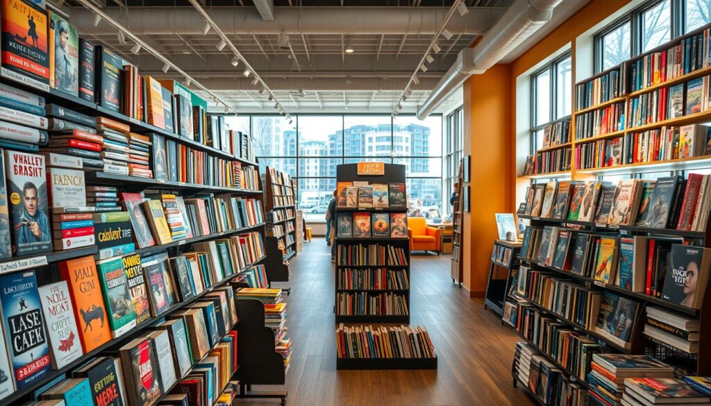 A vibrant bookstore directory scene featuring a well-organized display of various book titles prominently in the foreground, showcasing genres like fiction, non-fiction, and specialized slots for gaming books. In the middle, a well-lit aisle with shelves overflowing with colorful books, creating a welcoming atmosphere for customers. The background reveals a modern bookstore with comfortable reading areas and large windows allowing natural light to flood the space, casting soft shadows. The overall mood is warm and inviting, encouraging readers to explore. High-resolution, shot from a slightly elevated angle to capture both the shelves and the inviting layout, with bright, balanced lighting to enhance the colors of the book covers. No people included in the image to maintain focus on the bookstore environment.