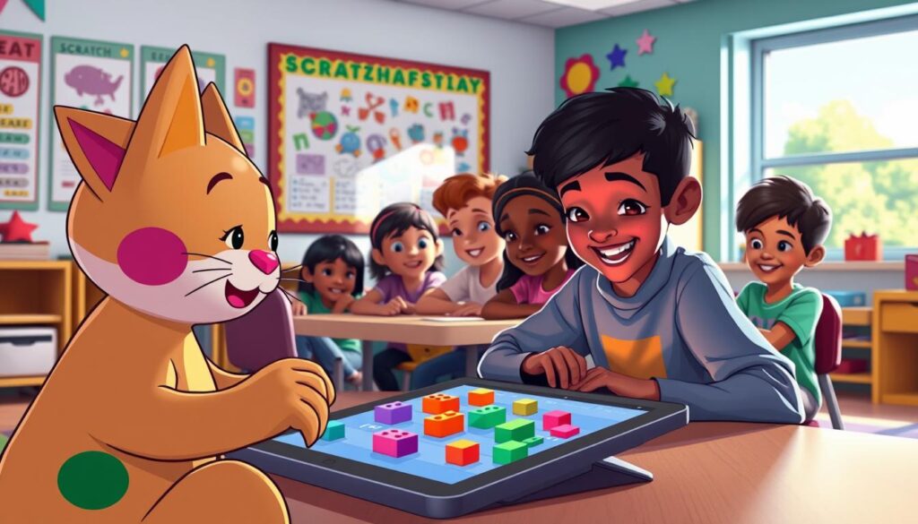 A vibrant digital illustration representing the visual programming language Scratch, with a focus on creativity and playful interaction. In the foreground, a colorful, friendly character resembling a cat interacts with a digital tablet, showcasing programming blocks in bright hues. In the middle ground, diverse children of varying ethnicities sit around a table, enthusiastically engaging with Scratch, wearing modest casual clothing. The background features a lively, imaginative classroom environment with posters of Scratch projects on the walls, colorful decorations, and a window showing a sunny day outside. The lighting is bright and cheerful, casting soft shadows, creating a warm and inviting atmosphere that embodies creativity and learning.