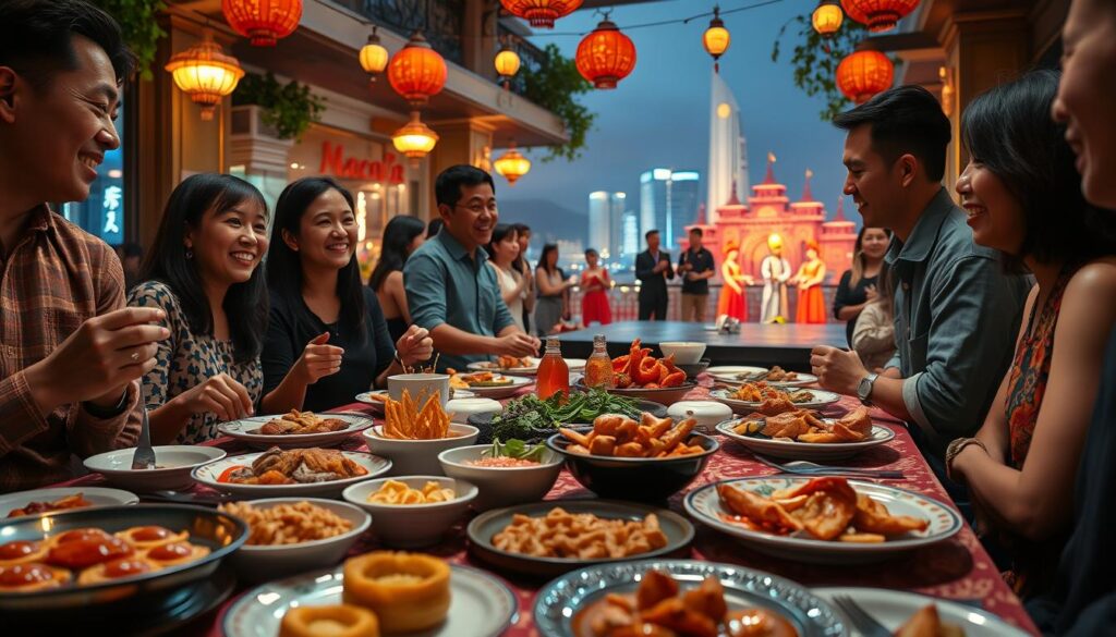 A vibrant scene capturing the culinary and entertainment sensations of Macau. In the foreground, a beautifully arranged table features traditional Macanese dishes such as Macanese egg tarts, dim sum, and seafood feasts, showcasing rich colors and intricate plating. People in modest casual clothing are engaged in animated conversation, savoring the food. The middle ground includes a lively atmosphere with a small stage displaying performers in culturally inspired attire, drawing attention from the audience. In the background, the striking silhouette of Macau's skyline, illuminated by soft evening lights, creates a warm and inviting ambiance. The setting is alive with the energy of laughter and celebration, while ambient lighting casts a golden hue across the scene, enhancing the excitement of a night filled with culinary delights and entertainment. A vibrant scene capturing the culinary and entertainment sensations of Macau. In the foreground, a beautifully arranged table features traditional Macanese dishes such as Macanese egg tarts, dim sum, and seafood feasts, showcasing rich colors and intricate plating. People in modest casual clothing are engaged in animated conversation, savoring the food. The middle ground includes a lively atmosphere with a small stage displaying performers in culturally inspired attire, drawing attention from the audience. In the background, the striking silhouette of Macau's skyline, illuminated by soft evening lights, creates a warm and inviting ambiance. The setting is alive with the energy of laughter and celebration, while ambient lighting casts a golden hue across the scene, enhancing the excitement of a night filled with culinary delights and entertainment.