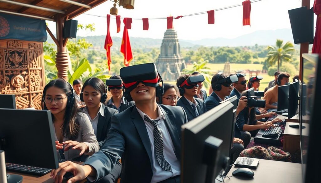 A vibrant scene showcasing authentic gaming culture set in the unique backdrop of Lemacau, Cambodia. In the foreground, a diverse group of gamers of various ethnicities, dressed in professional business attire, engage deeply with various gaming consoles and VR headsets. The middle ground features traditional Cambodian decorations, such as intricate wooden carvings and colorful textiles, blending seamlessly with modern gaming setups. The background reveals lush greenery of Lemacau’s natural landscape under bright, soft sunlight, with hints of ancient temple architecture peeking through. The mood is energetic yet cultural, emphasizing the fusion of tradition and modernity. Capture this dynamic atmosphere with a wide-angle lens and warm lighting to highlight the vibrancy of the scene.