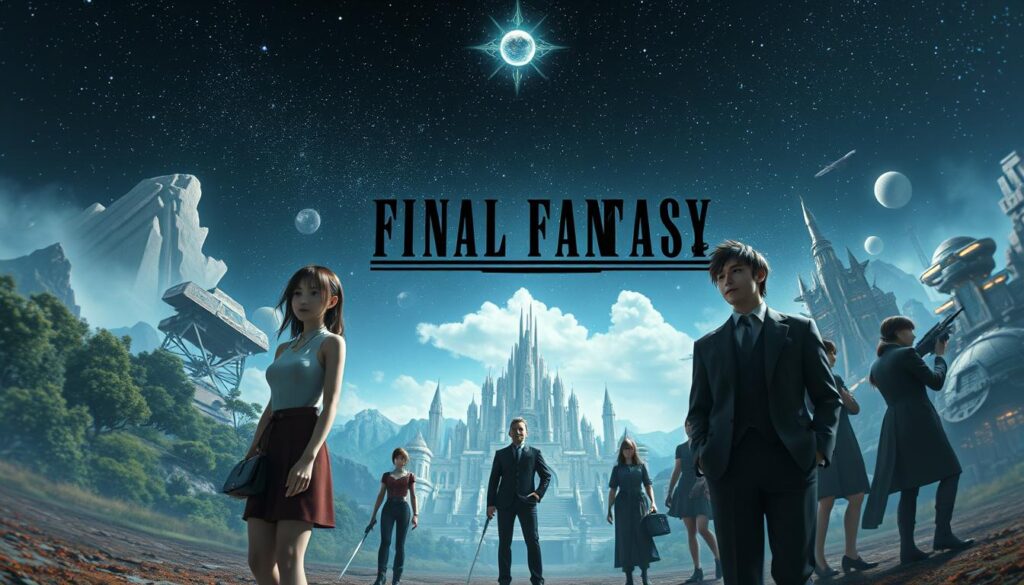 An artistic depiction of the history and evolution of Final Fantasy, focusing on iconic elements from various games in the series. In the foreground, feature well-known characters dressed in professional, modest attire, symbolizing the adult audience's engagement with the series. The middle ground should display distinct landscapes inspired by each game, such as lush forests, futuristic cities, and ancient ruins, seamlessly blending into each other. The background should include a starry night sky with celestial elements to evoke a sense of wonder. Use soft, ambient lighting to create a nostalgic and magical atmosphere, captured with a slight fisheye lens effect to enhance depth. The overall mood should be reflective, inviting viewers to appreciate the rich legacy of the Final Fantasy series through time.