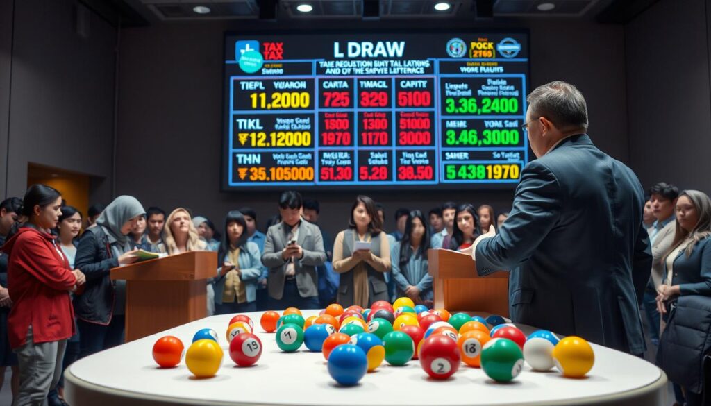 A detailed visual representation of a "Live Draw" event for a tax lottery, highlighting various elements in layers. In the foreground, a professional-looking moderator stands at a podium, dressed in business attire, explaining the event to an engaged audience. Surrounding the podium are colorful lottery balls scattered on a table, symbolizing the draw process. In the middle ground, the audience, comprising diverse individuals in modest casual clothing, watches intently, some taking notes. The background features a large screen displaying colorful graphics and numbers related to tax regulations and lottery results. The scene is brightly lit with soft, even lighting to create an inviting atmosphere, while capturing a sense of excitement and anticipation. The angle is slightly elevated, offering a clear view of both the moderator and the audience.