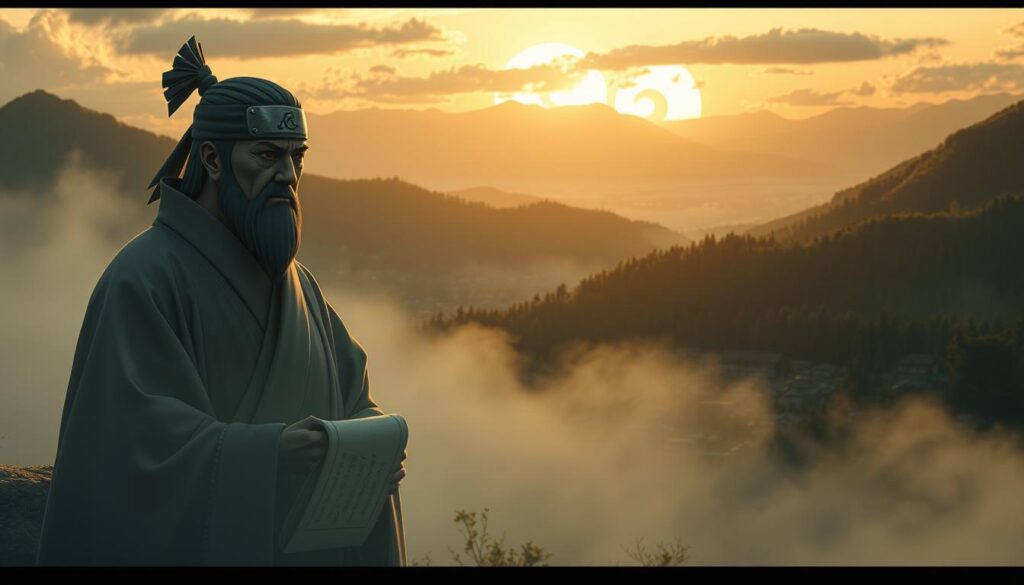 A mystical, ancient scene depicting the history of the Hokage title and the founding of Konoha. In the foreground, a wise figure resembling the First Hokage stands with a serene expression, dressed in traditional ninja attire, holding a scroll that symbolizes the founding laws of the village. In the middle ground, there are faded images of the other Hokage, subtly blending with the backdrop of Konoha, showcasing their legacy. The background features a sweeping view of Konoha Village, with its iconic Hidden Leaf symbol subtly visible in the clouds, surrounded by lush forests and majestic mountains under a warm, golden sunset. The lighting is soft and ethereal, casting a nostalgic atmosphere with gentle shadows. The overall mood is one of reverence and wisdom, conveying the rich history of the Hokage title.