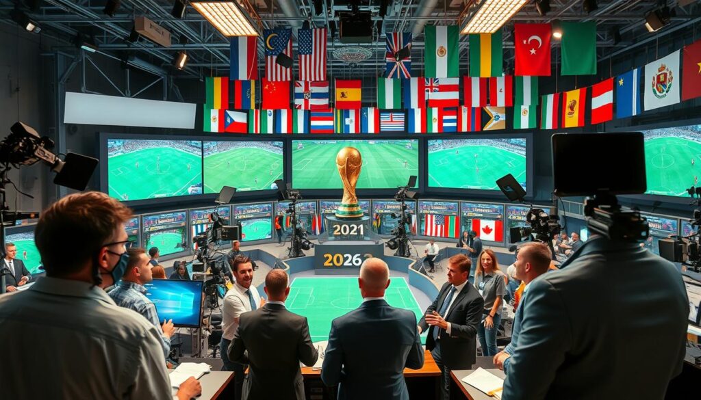 A vibrant and dynamic scene depicting an international football broadcasting center, bustling with activity. In the foreground, excited professionals in business attire are seen discussing and planning on large screens displaying football graphics. The middle ground features an impressive array of broadcasting equipment, including cameras, microphones, and satellite setups, emphasizing the technical sophistication of modern sports media. In the background, diverse flags representing various nations are displayed, symbolizing the global spirit of the 2026 World Cup. The atmosphere is energetic and collaborative, with bright lighting highlighting the technology and the focus on football. The angle captures a wide view of the entire setup, creating a lively and engaging environment for sports journalism.