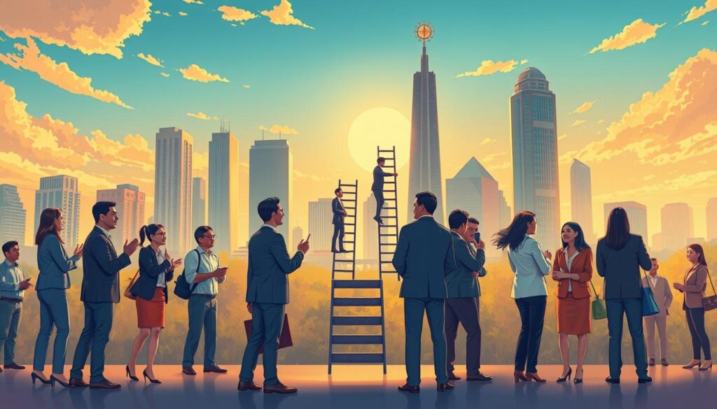 A vibrant and engaging illustration representing the concept of "panjat sosial" (social climbing) in a modern Indonesian context. In the foreground, a diverse group of individuals in professional business attire engages in networking and collaboration, showcasing various expressions of ambition and determination. In the middle ground, depict symbolic elements like ladders and stepping stones leading upward, signifying the journey of social advancement. In the background, a bustling urban landscape of Jakarta, with skyscrapers under a warm, golden sunset, creates a dynamic atmosphere. The lighting is soft yet illuminating, casting a hopeful glow on the figures. Capture a sense of aspiration and connectivity among the people, making the scene visually compelling and thought-provoking.