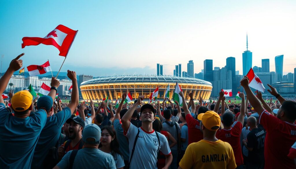 A vibrant and lively scene depicting the excitement surrounding the upcoming 2026 World Cup. In the foreground, diverse fans in colorful jerseys and hats passionately cheering, waving flags representing different nations. The middle ground features an iconic stadium illuminated by soft, warm lighting, showcasing its grand architecture. In the background, a city skyline under a clear blue sky adds an urban feel to the scene. The atmosphere is filled with anticipation and joy, capturing the spirit of unity in sports. The image should have a dynamic angle that emphasizes the action, perhaps with a wide shot to encompass the energy of the crowd and the monumental stadium.