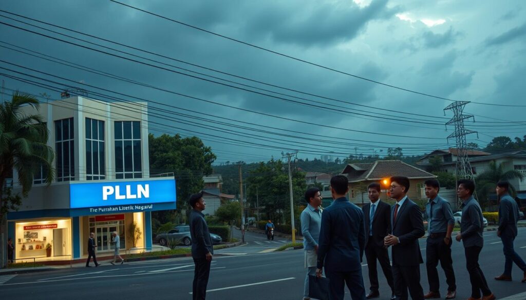 A bustling urban landscape in Aceh, Indonesia, depicting the PLN (Perusahaan Listrik Negara) office situated prominently in the foreground, illuminated by soft daylight. In the middle ground, show a diverse group of professionals in attire suitable for a business environment, discussing power outages with expressions of concern. In the background, a scene of power lines intertwining with trees and buildings, a darkening sky suggesting an impending storm, hinting at potential electrical disturbances. The atmosphere should feel tense yet hopeful, captured with a slight depth of field to focus on the professionals while the background blurs gently. Utilize natural lighting to enhance the mood, emphasizing the contrast between the illuminated office and the overcast skyline.