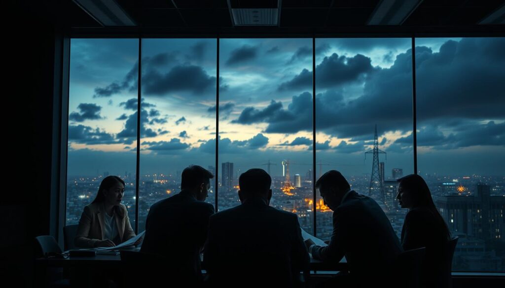 A dramatic scene depicting the electricity crisis in Sumatra in 2026. In the foreground, anxious businesspeople in professional attire are gathered around a table, reviewing reports and discussing emergency measures. The middle ground features a dimly lit office with flickering lights, indicating power shortages. A large window reveals a cityscape under a twilight sky, with darkened buildings and sporadic lights, suggesting widespread outages. The background is filled with stormy clouds, symbolizing urgency and turmoil. Dim overhead lighting casts shadows, heightening the tension of the moment. The atmosphere is tense and serious, capturing the urgency of the crisis. The composition should be shot from a low angle to emphasize the sense of desperation and focus on the individuals' expressions.