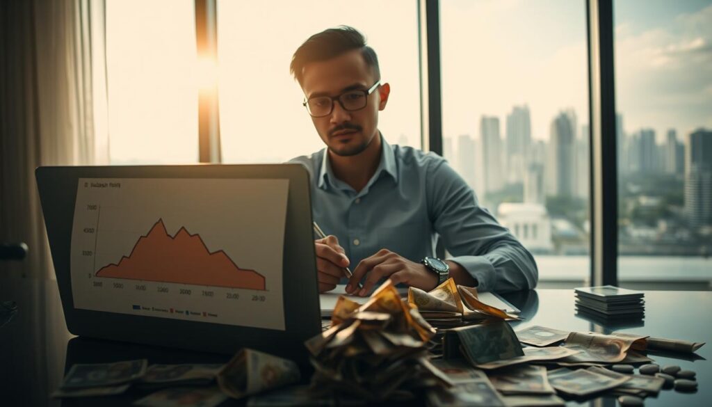 A financial analyst sitting at a modern desk, surrounded by various currency notes, including the Indonesian Rupiah, which appears slightly crumpled, symbolizing its depreciation. In the foreground, a laptop displays a graphical chart with a declining trend in the Rupiah's value against other currencies. The middle ground features a large window allowing natural light to flood the room, illuminating the analyst's focused expression as they type notes on a notepad. The background reveals a city skyline, hinting at economic activity. The atmosphere is serious yet hopeful, conveying the importance of understanding currency fluctuations. Use soft, dramatic lighting to enhance the mood, and employ a slightly shallow depth of field to keep the focus on the analyst and the currency.