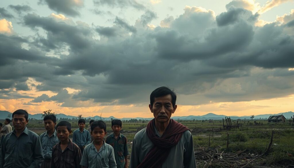 A powerful rendering of the historical impact of the Khmer Rouge on Cambodia. In the foreground, depict solemn Cambodian villagers, dressed in modest clothing, showcasing expressions of hardship and resilience. In the middle ground, illustrate a stark representation of a desolate rural landscape, with remnants of war and abandoned structures to symbolize devastation. In the background, showcase a somber sky, perhaps during a late afternoon, with dramatic clouds casting shadows over the land, enhancing the mood of sorrow and struggle. The scene should be captured with a slightly elevated angle, allowing for a panoramic view that integrates all elements harmoniously, emphasizing the gravity of Cambodia's historical suffering without any text or distractions. The overall atmosphere should be one of reflection and depth, inviting viewers to contemplate the lasting effects of this turbulent history.