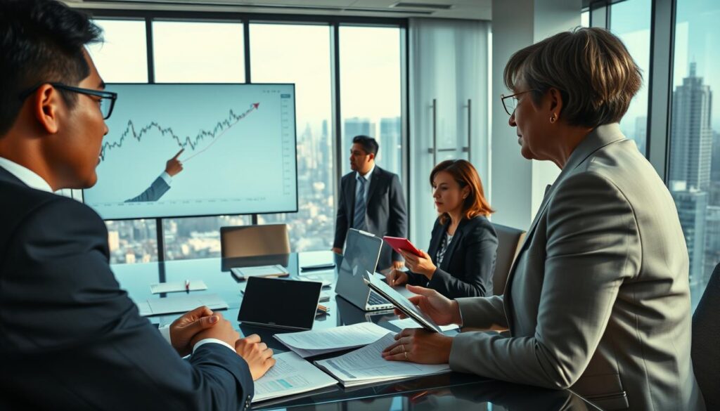 A professional business meeting scene set in a modern office environment, with a diverse group of individuals analyzing currency graphs and charts on a large screen. In the foreground, a focused Asian man in a suit points at a fluctuating currency exchange graph, while a middle-aged woman, also in business attire, takes notes. In the middle, a high-tech conference table is cluttered with financial reports and laptops, while a large window in the background reveals a bustling city skyline. The room is well-lit with natural light streaming in, creating an atmosphere of urgency and strategic planning. The color palette should be business-oriented, with blues and grays predominating, suggesting professionalism and focus on financial security.