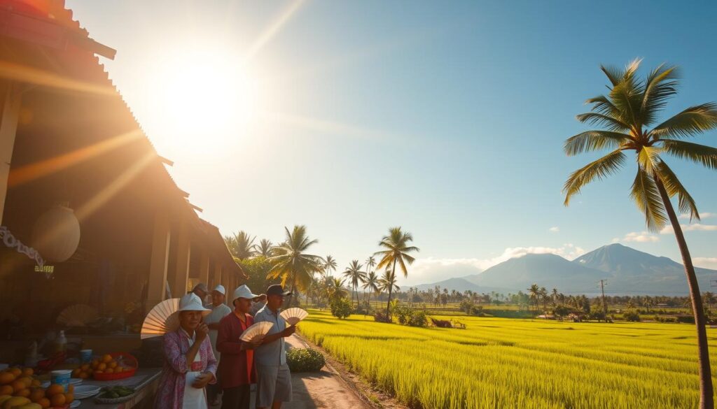 A vibrant scene depicting the phenomenon of hot weather in Indonesia, showcasing a sun-drenched landscape. In the foreground, a traditional Indonesian market with people dressed in modest, casual attire, fanning themselves and enjoying fresh fruits like mangosteen and rambutan. In the middle ground, lush green rice paddies shimmer under the bright sun, while palm trees sway gently in the breeze. The background features distant volcanic mountains under a clear blue sky, emphasizing the tropical climate. Golden sunlight bathes the entire scene, creating a warm, inviting atmosphere. The angle captures a slight upward tilt, allowing the viewer to feel the vastness of the Indonesian landscape while evoking a sense of both beauty and heat.