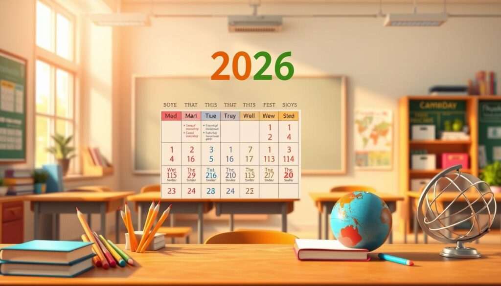 A visually engaging illustration of an educational calendar for the year 2026, prominently featuring colorful months and holiday sections. In the foreground, include school-related icons such as books, pencils, and a globe, representing academics and learning. The middle ground shows a beautifully designed calendar layout, organized with clear month divisions, marked holiday dates, and fun activity suggestions for students. The background displays a serene classroom environment, softly lit by natural light filtering through large windows, creating a warm and inviting atmosphere. The scene captures the excitement of school breaks, encouraging students to participate in enriching activities. Use a vibrant color palette to evoke a cheerful and optimistic mood, without any text or branding elements.