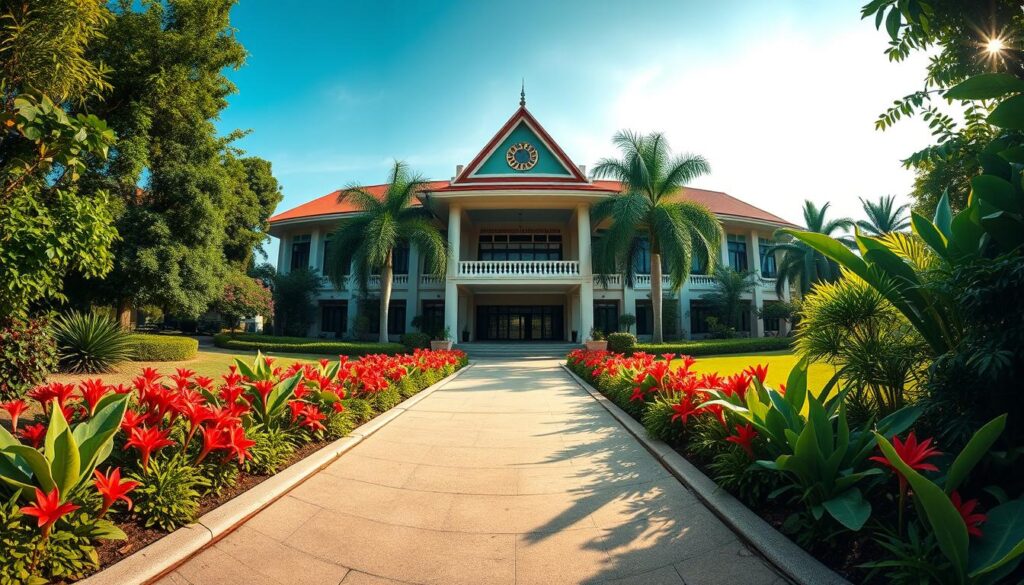 A panoramic view of the Indonesian Embassy in Cambodia, showcasing its elegant architecture surrounded by lush greenery. In the foreground, an inviting pathway lined with vibrant tropical flowers leads to the entrance. The middle ground features the embassy building, a contemporary structure with traditional Indonesian elements, reflecting unity in design. The background reveals a clear blue sky with soft, diffused sunlight casting gentle shadows, creating a warm and welcoming atmosphere. The scene is captured from a low angle to emphasize the grandeur of the building while making the landscape feel approachable. The composition should evoke a sense of pride and collaboration, symbolizing the connection between Indonesia and Cambodia in 2026.