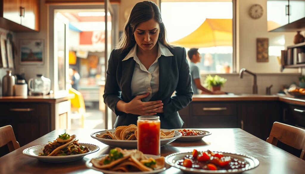 A somber scene illustrating food poisoning in Mexico. In the foreground, a worried woman dressed in professional attire stands in a brightly lit kitchen, holding her stomach and looking distressed. The middle ground features a dining table with untouched local dishes, like tacos and fresh salsa, presenting an inviting yet concerning ambiance. In the background, a window hints at a bustling Mexican marketplace, capturing the vibrant colors and culture. The lighting is warm, with sunlight streaming in, contrasting the woman's anxiety. The atmosphere conveys a sense of urgency and seriousness surrounding food safety, emphasizing the need for awareness. Shot with a slightly elevated angle to enhance the depth of the scene.